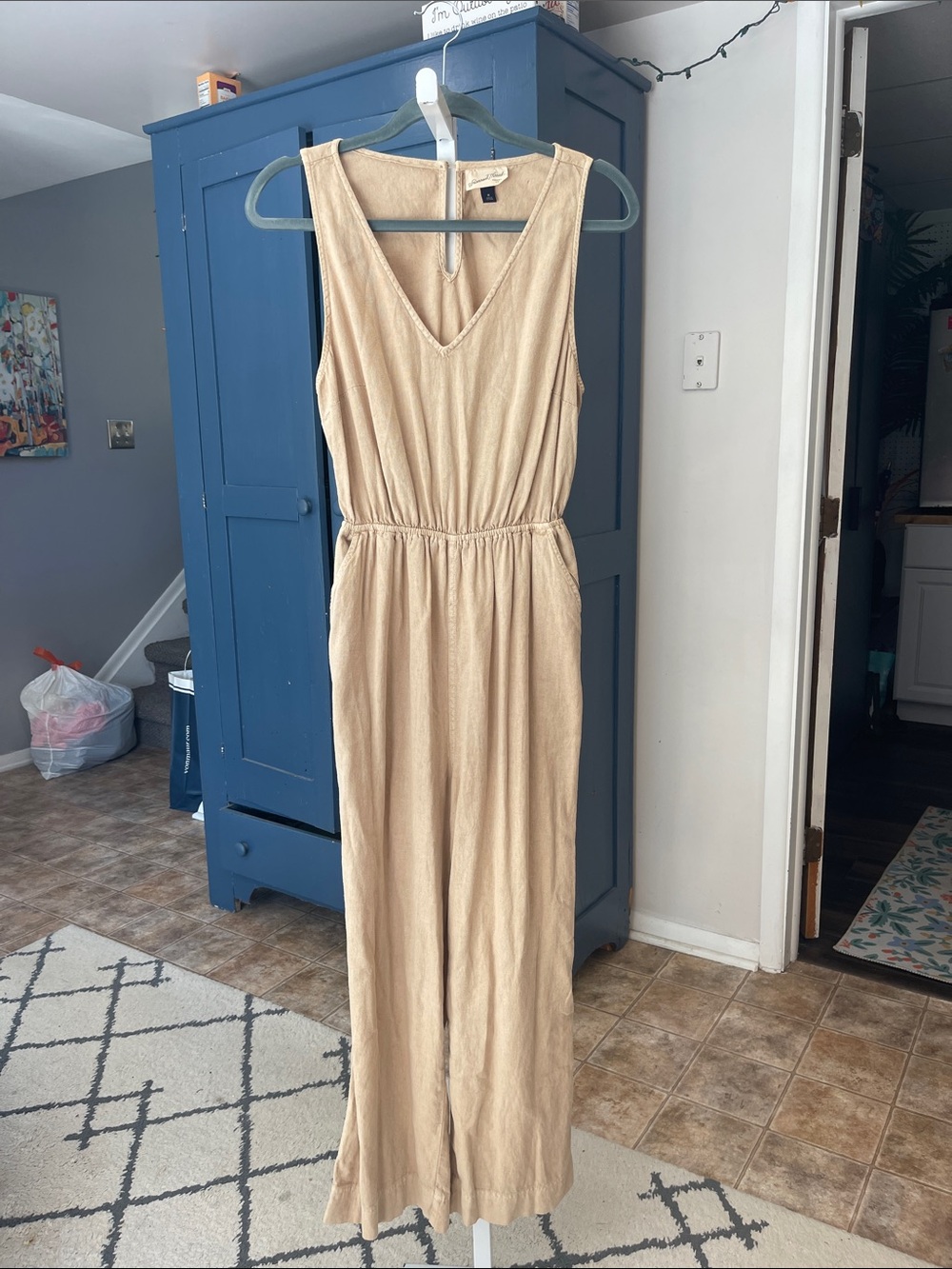 Universal Thread Sleeveless V-Neck Wide-Leg Jumpsuit in Beige